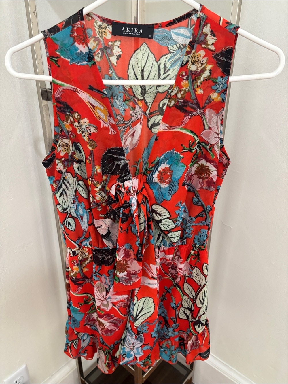 AKIRA Orange Floral Tie-Front Sleeveless Romper